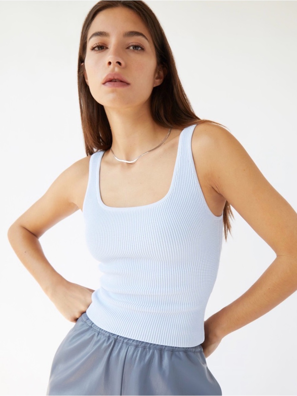 Babaton Light Blue Sculpt Knit Ribbed Square-Neck Tank